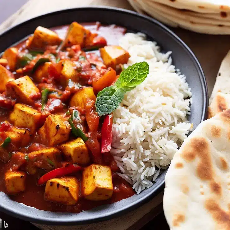 Opskrift på vegetarisk tofu tikka masala med basmatiris og naanbrød