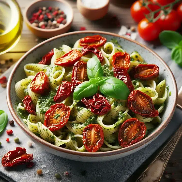 Opskrift på Pesto Pastasalat med soltørrede tomater