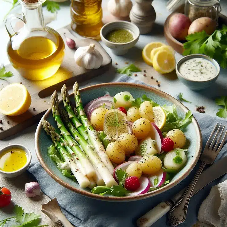 Opskrift på salat med hvide asparges, nye kartofler og citrondressing