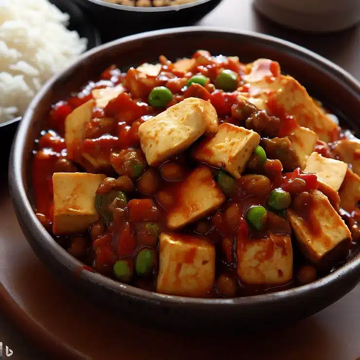 Opskrift på vegetarisk mapo tofu med krydret sojabønnesauce og ris