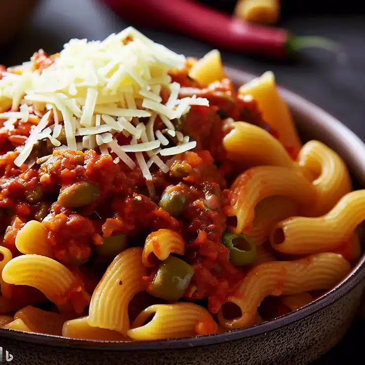 Opskrift på chilimakaroni med krydret veggie-bolognese og parmesanost