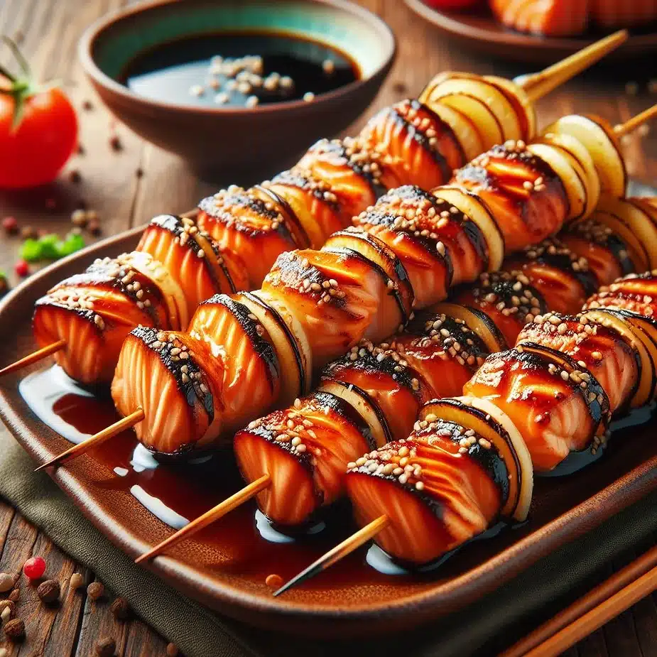 Grillede laksespyd med teriyakisauce