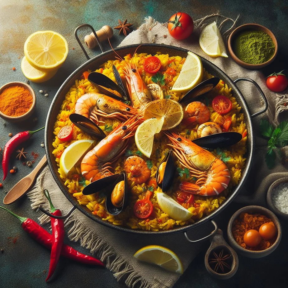 Spansk Paella med skaldyr og kylling