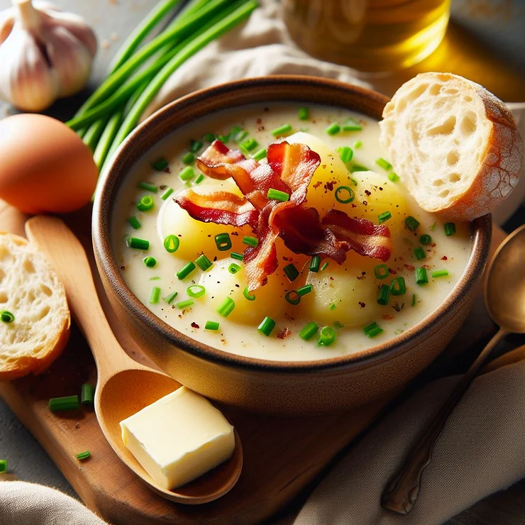 Kartoffelsuppe med purløg og bacon