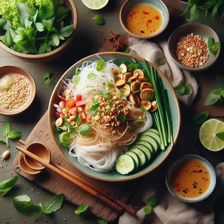 Vietnamesisk nudelsalat med friske urter og peanutsauce