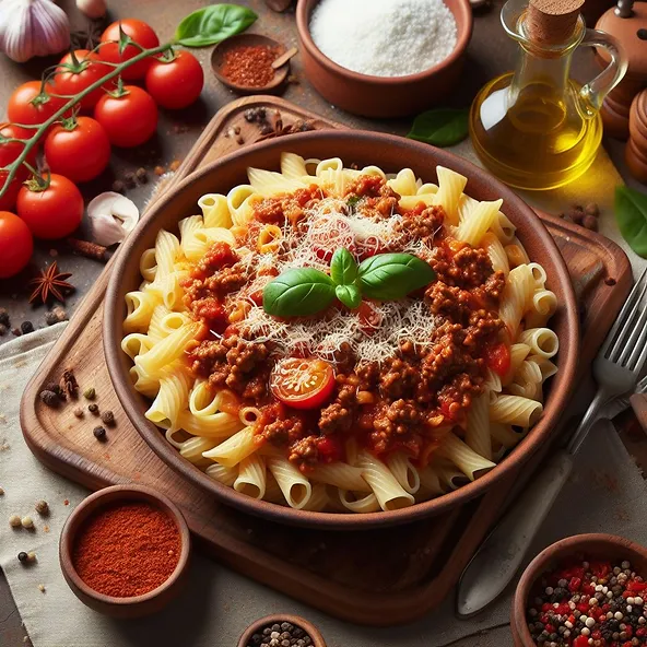 Pasta Bolognese med hakket oksekød og tomatsauce