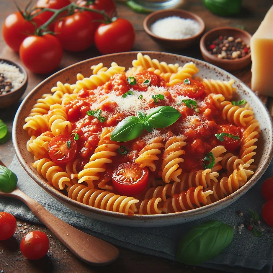 Fusilli med tomatsauce og basilikum