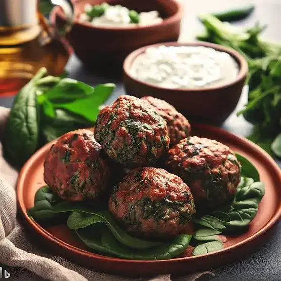 Opskrift på spinat- og fetaost frikadeller med tzatziki