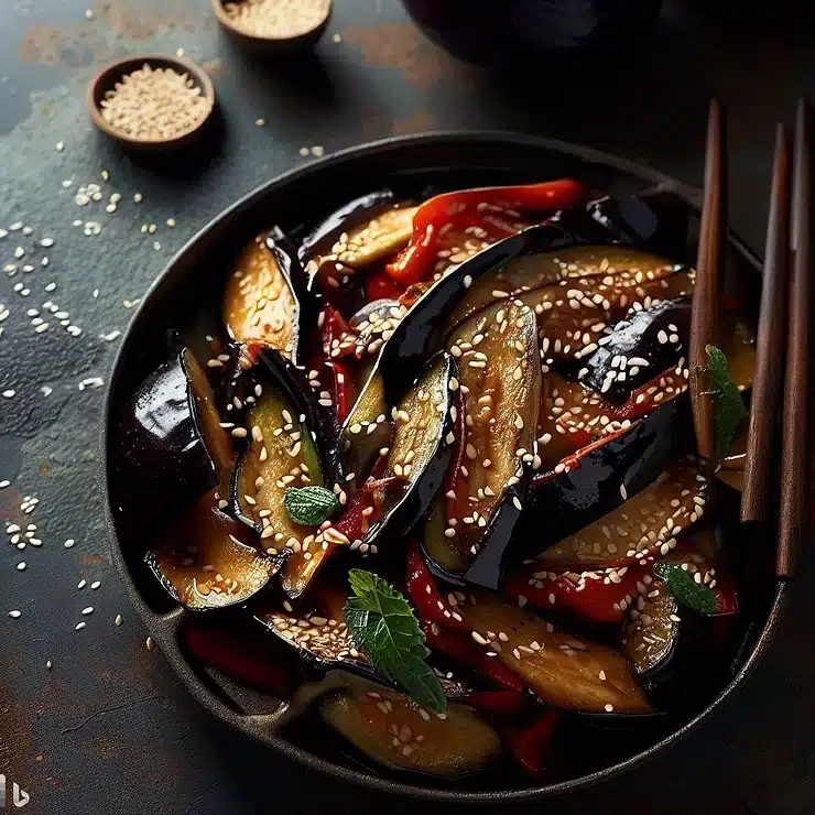 Opskrift på vegetarisk krydret aubergine stir-fry med sesamfrø og sojasauce