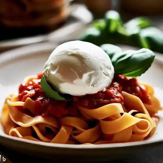 Opskrift på pasta med tomatsauce og burrata