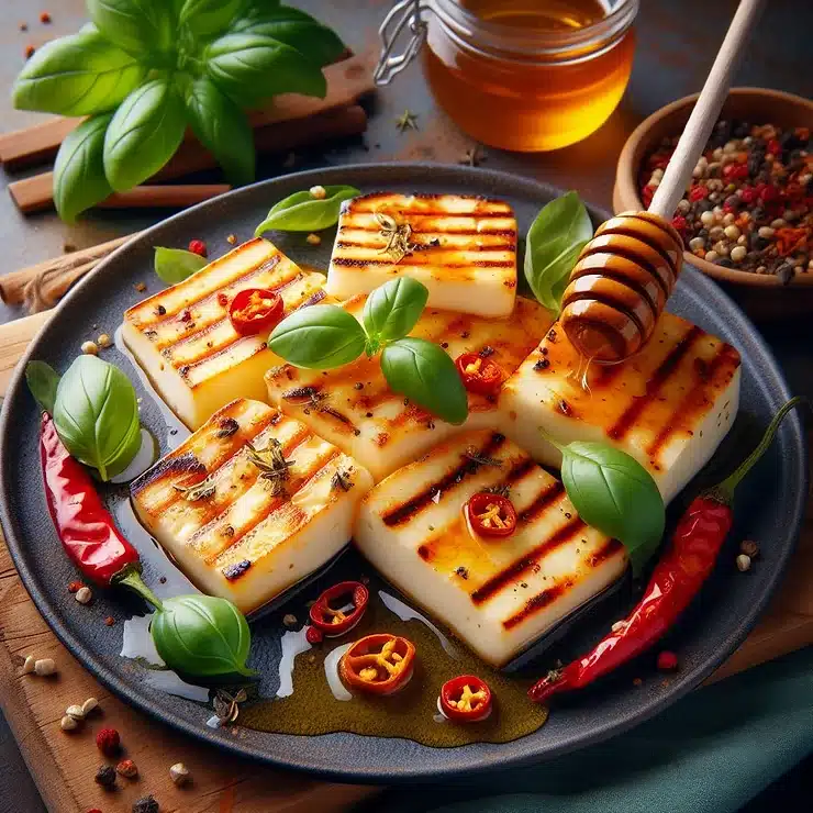 Opskrift på grillet halloumi med honning og chiliflager