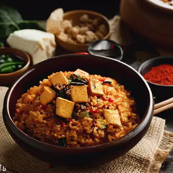 Opskrift på vegetarisk kimchi fried rice med tofu og koreanske krydderier