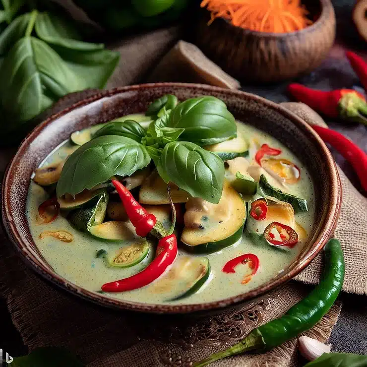 Opskrift på thai grøn curry med grøntsager, basilikum og chilipeber