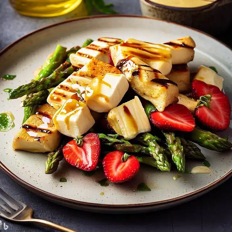 Opskrift på grillet asparges og halloumi-salat med jordbær og honning-sennepsdressing