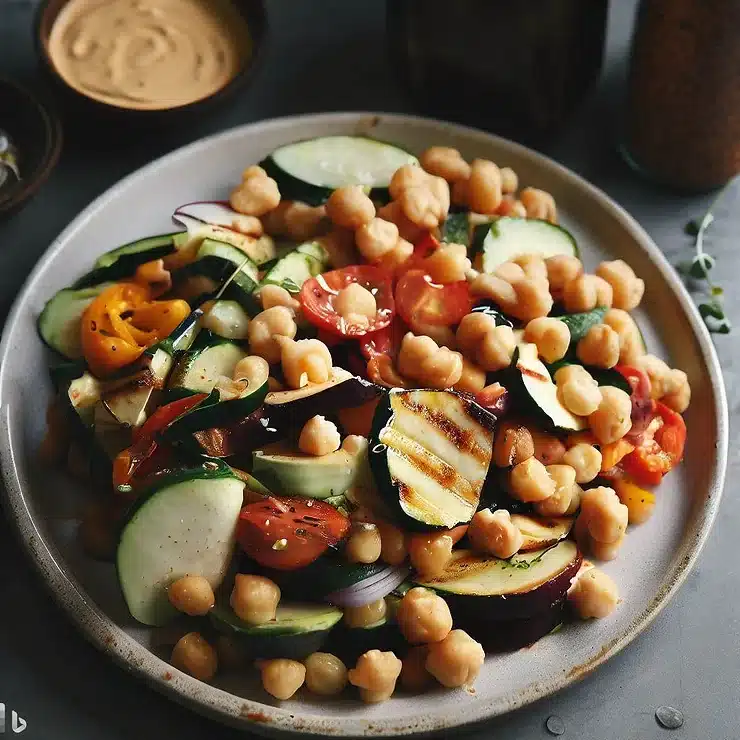 Opskrift på kikærtesalat med ristede grøntsager og tahinidressing