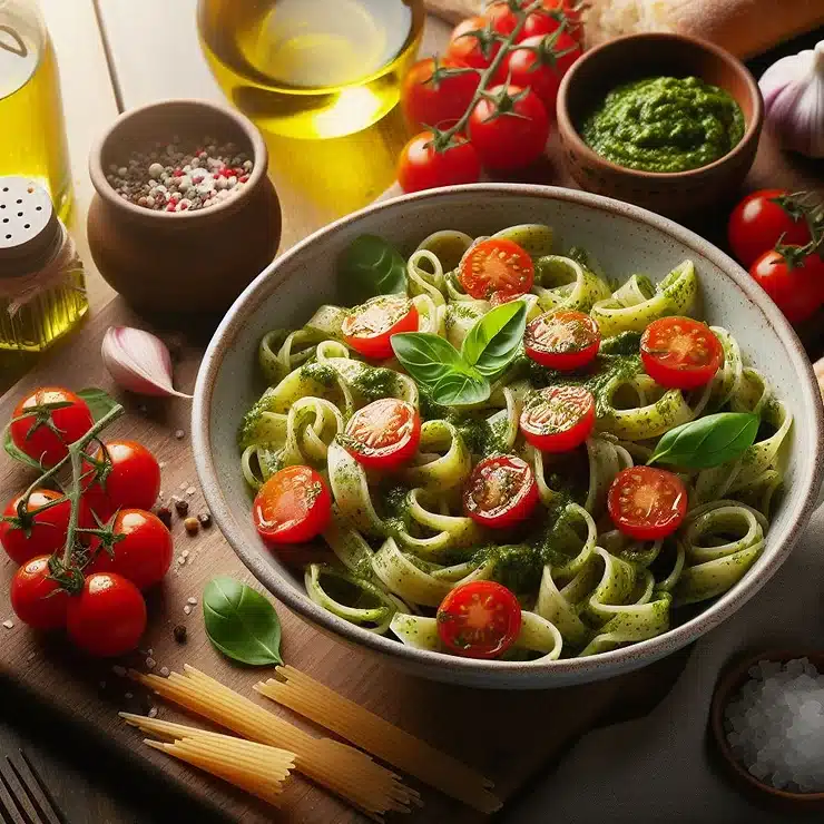 Opskrift på pasta med pesto og cherrytomater