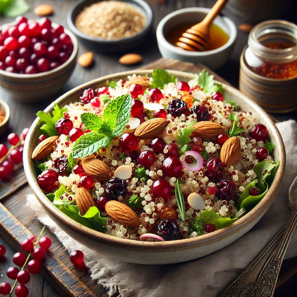 Lun quinoa-salat med tranebær og ristede mandler 