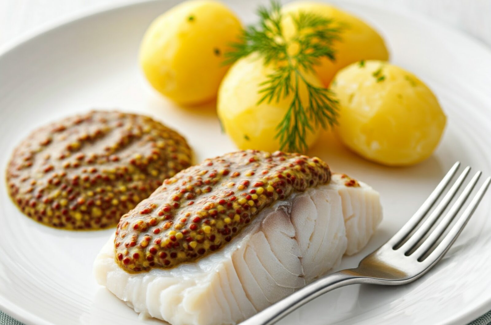 Kogt torsk med sennepssovs og kartofler