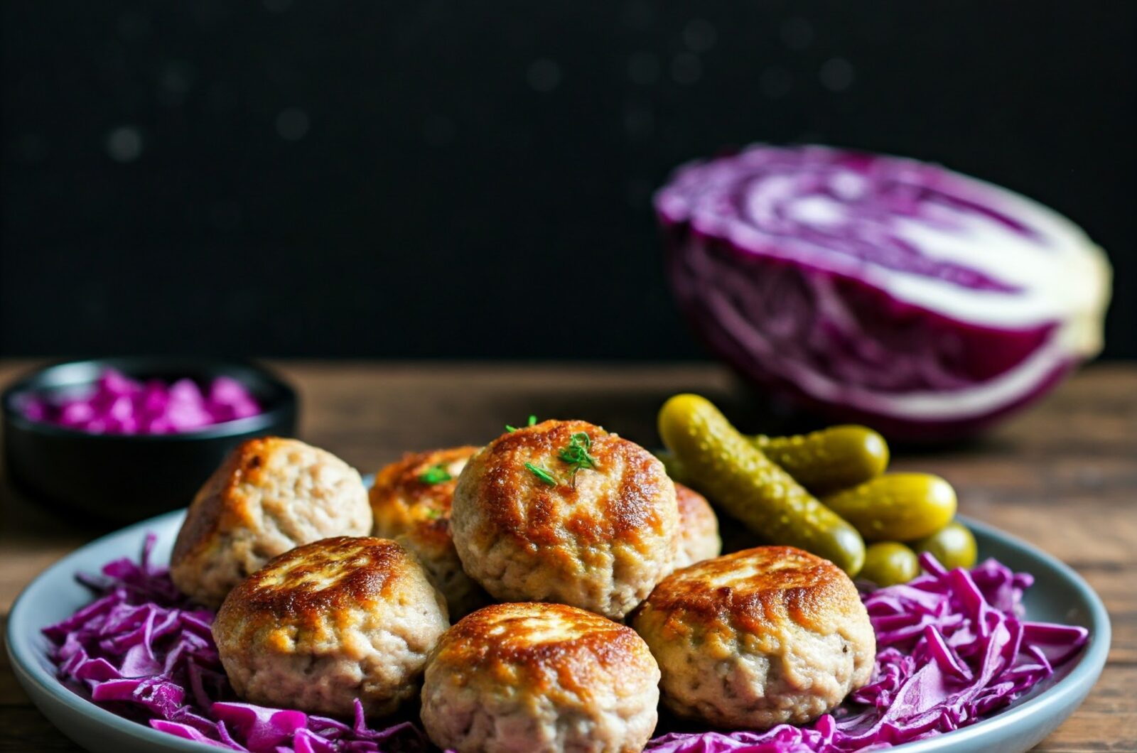 Frikadeller med rødkål og syltede agurker