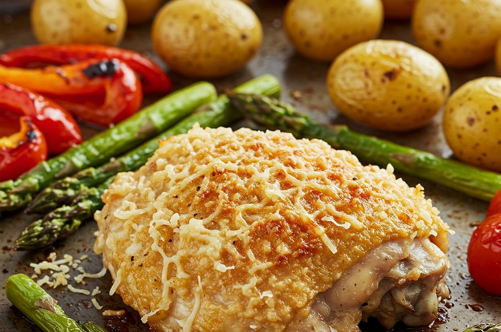 Crispy parmesan-kyllingelår med ovnbagte grøntsager