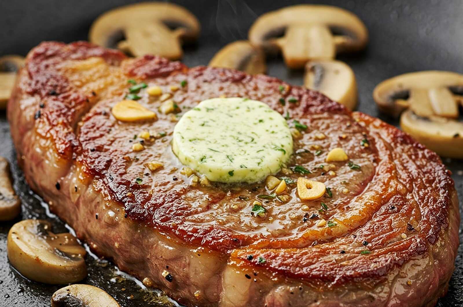 Pandestegt ribeye med hvidløgs-smør og smørstegte champignoner
