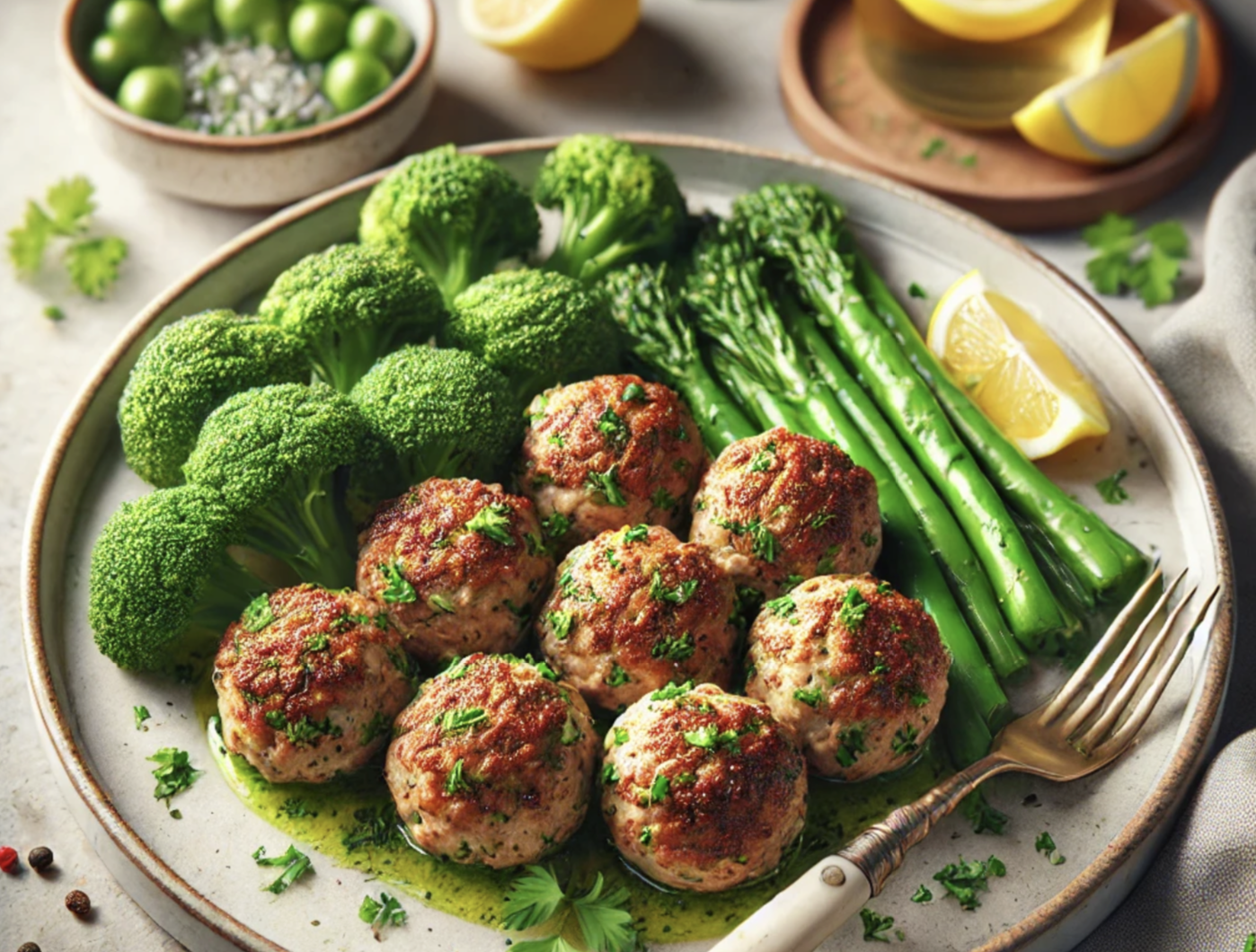 Kyllingefrikadeller med Urter og Damped Broccolini