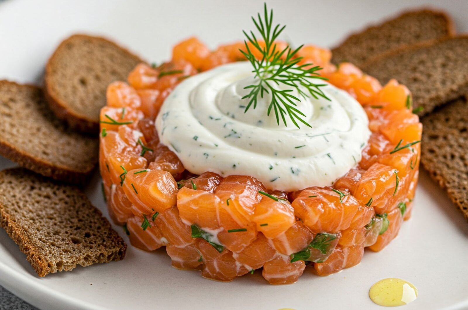Laksetatar med dildcreme og rugbrødschips