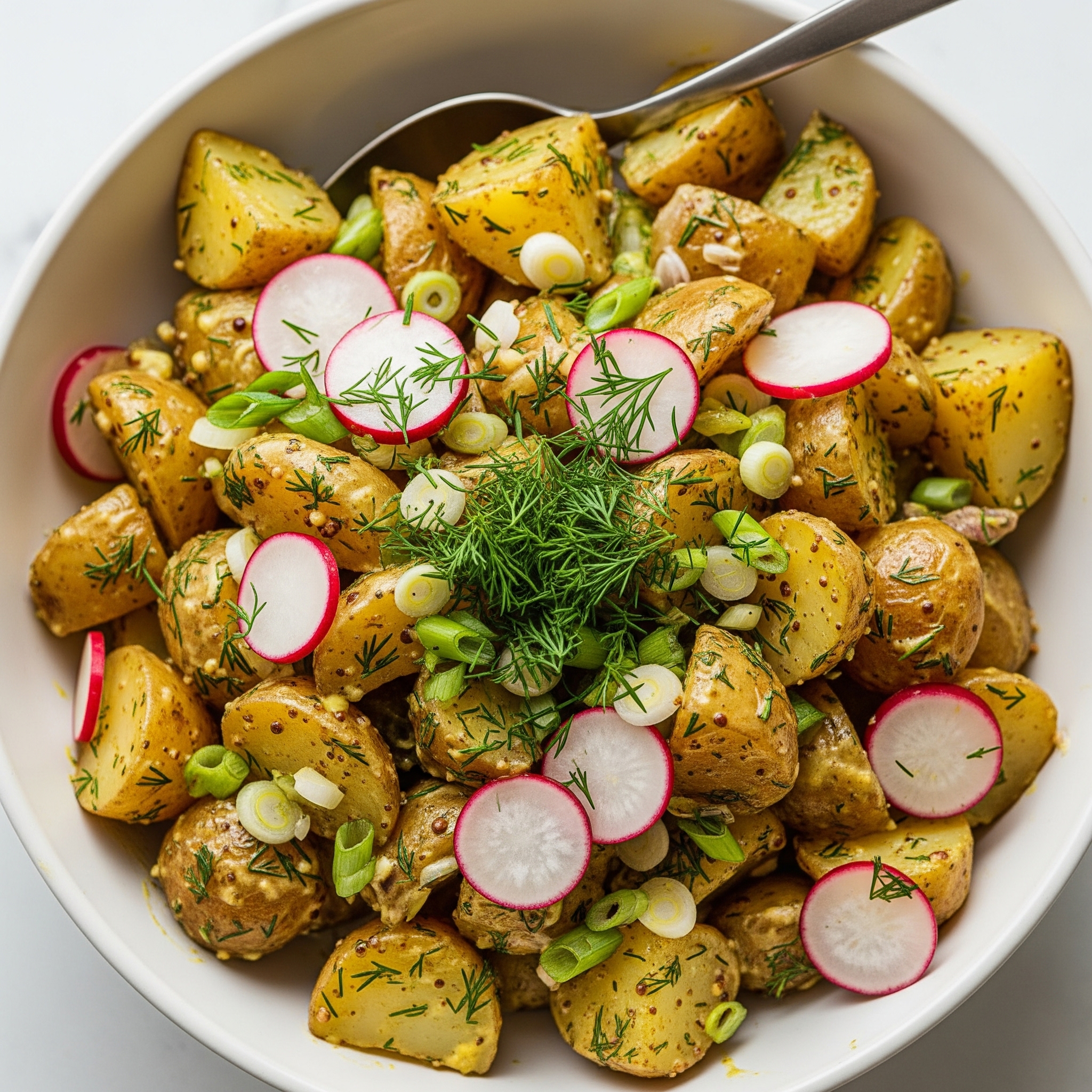 Lun kartoffelsalat med dijondressing, forårsløg og radiser