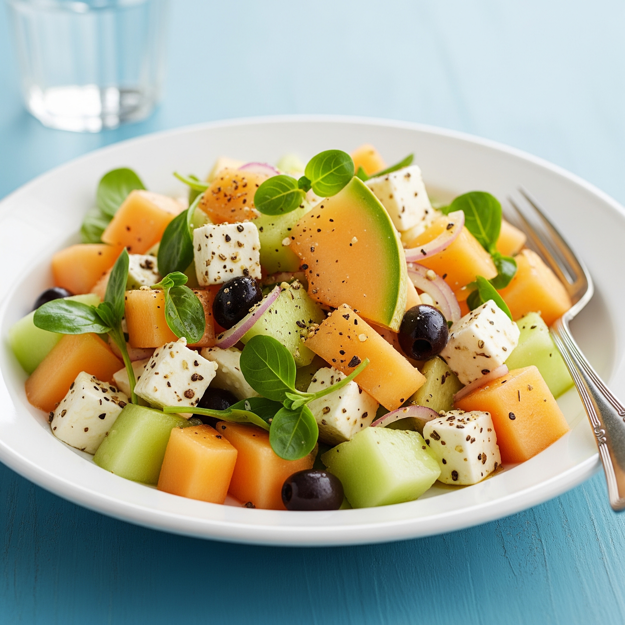 Melonsalat med feta, oliven og ristede pinjekerner