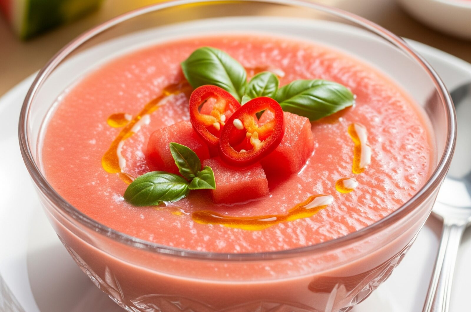 Vandmelon-gazpacho med tomat og chili