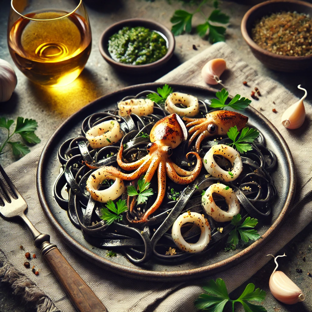 Sort blækspruttepasta med calamari og hvidvin