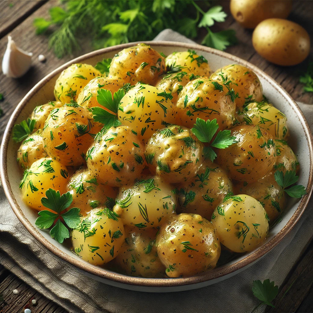 Kartoffelsalat med sennepsdressing og urter