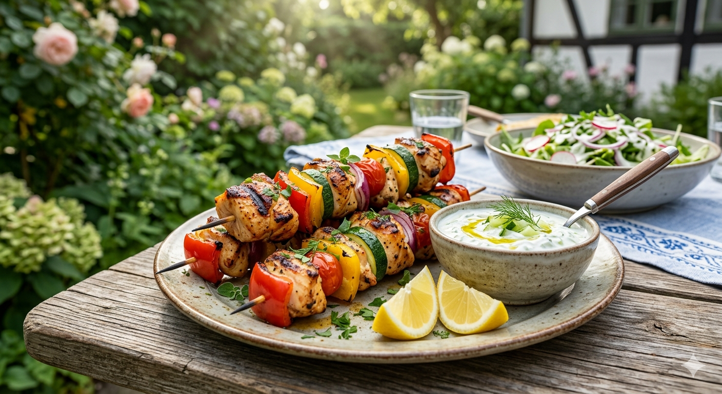 Grillspyd med kylling og grøntsager