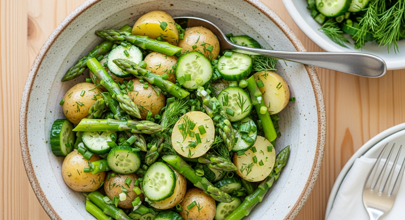 Frisk sommerkartoffelsalat med nye kartofler, asparges og sprød agurk