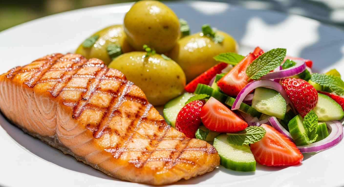 Grillet Laks med Nye Kartofler og Frisk Jordbær-Agurkesalat