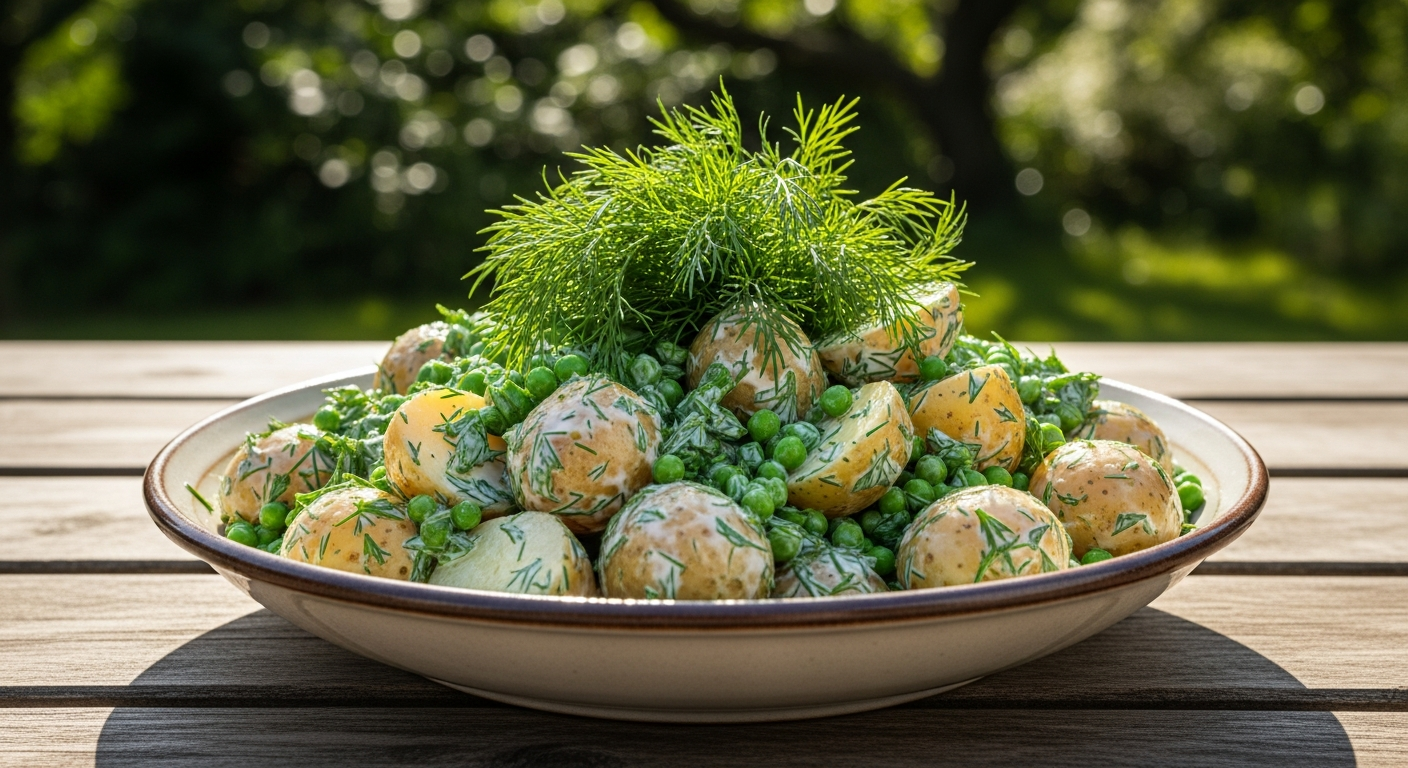 Ny kartoffelsalat med friske ærter og dild til Sankt Hans