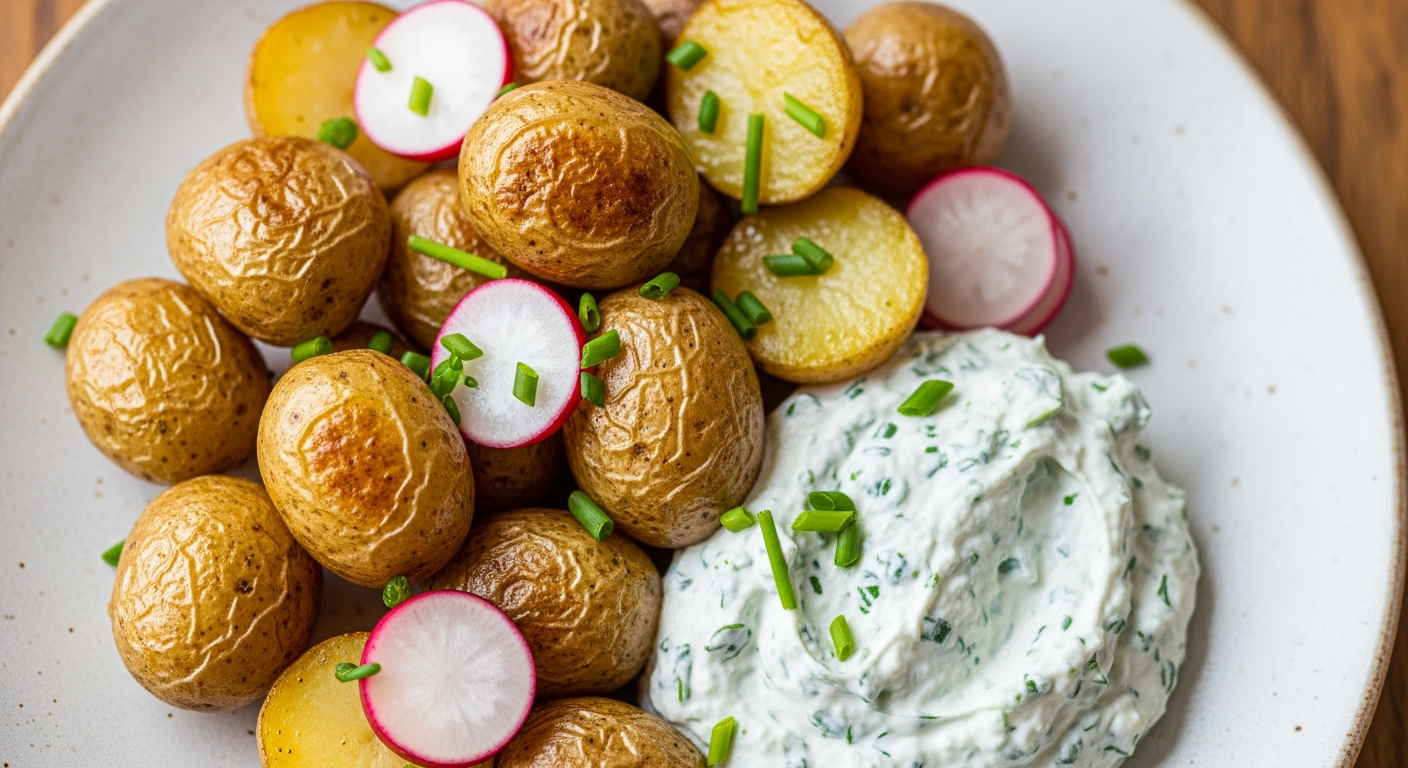 Ristede Nye Kartofler med Urte-Friskostcreme, Radiser og Purløg
