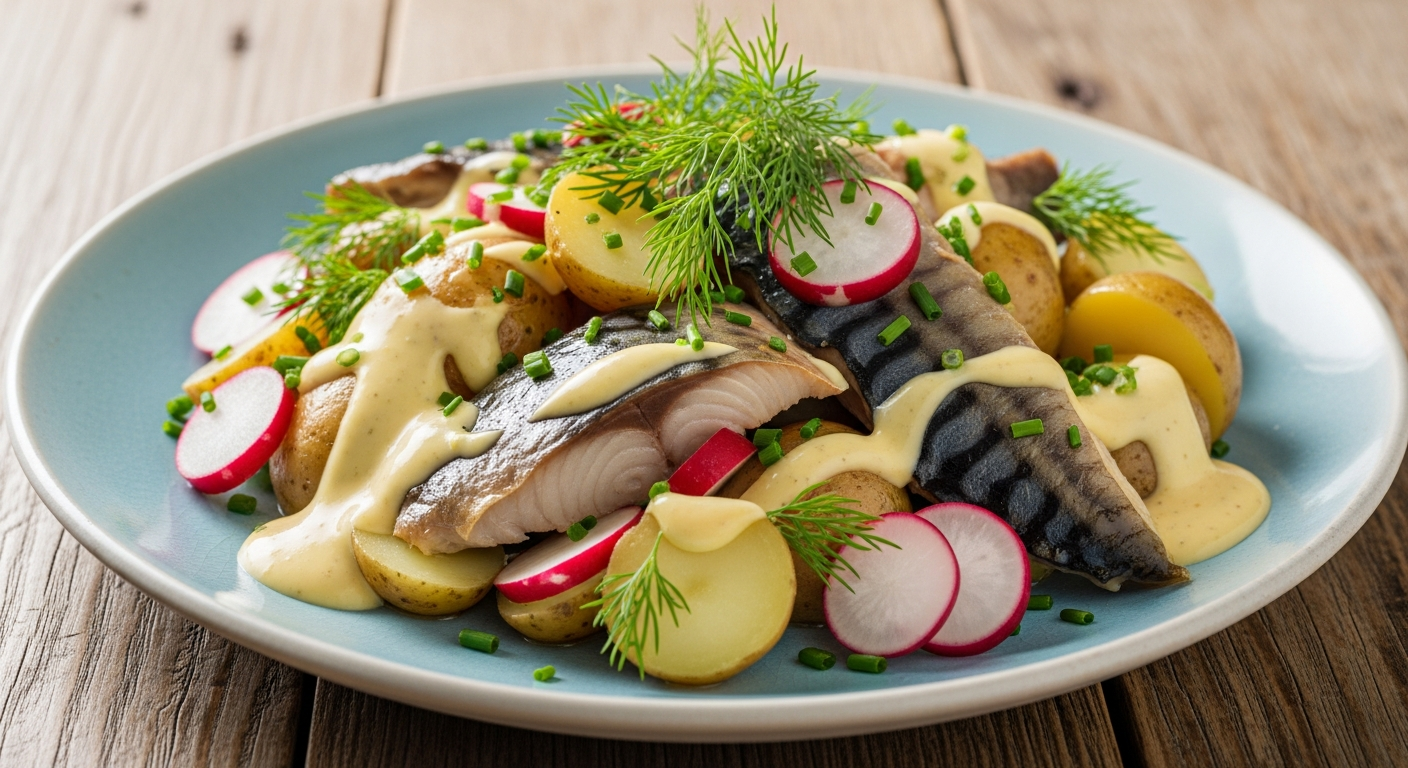 Røget Makrelsalat med Nye Kartofler, Radiser og Rygeostcreme