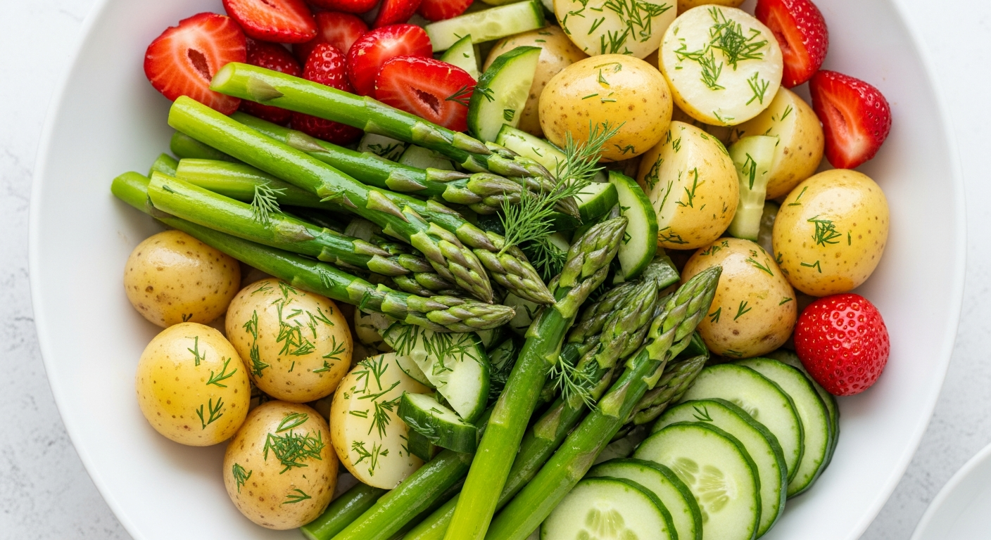 Sommersalat med nye kartofler, asparges, jordbær og agurk