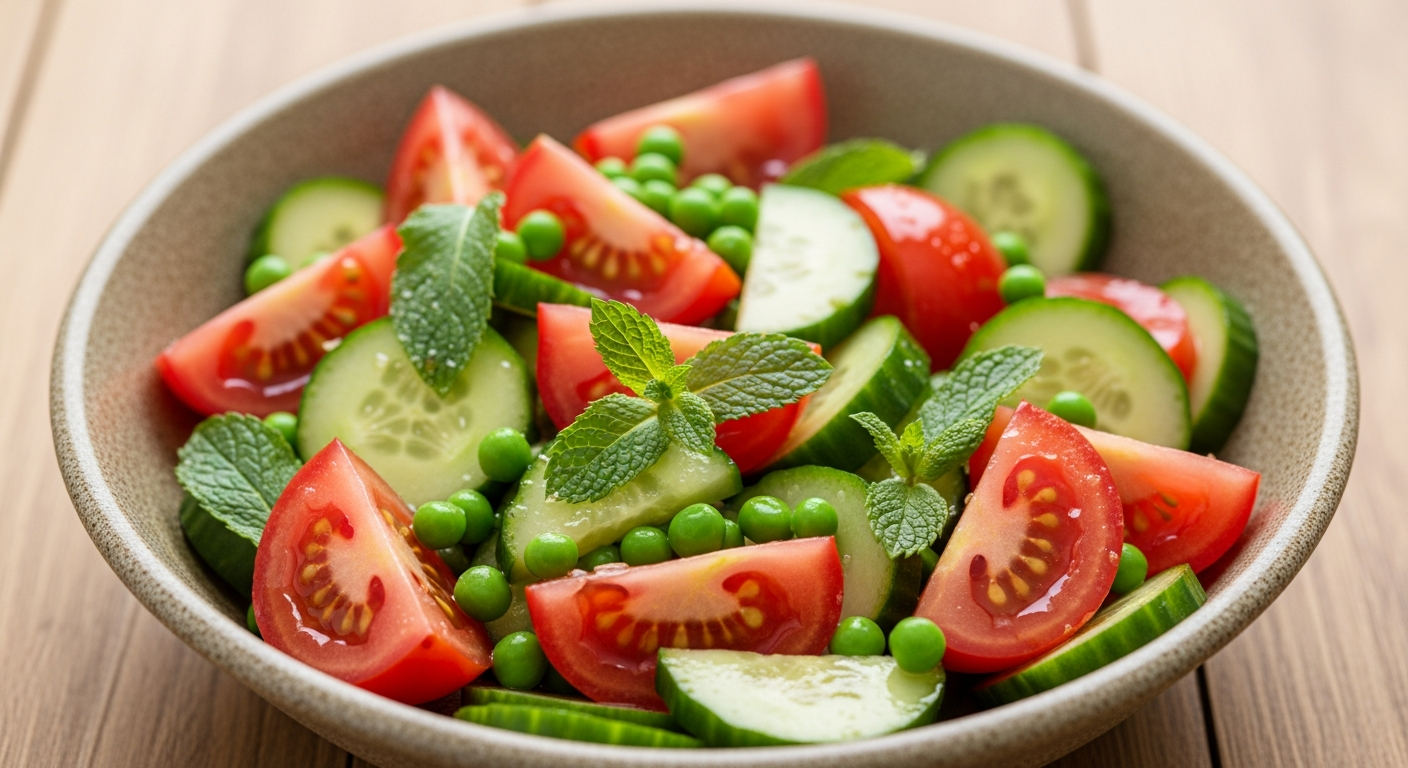 Solmoden Tomat- og Agurksalat med Friske Ærter og Mynte